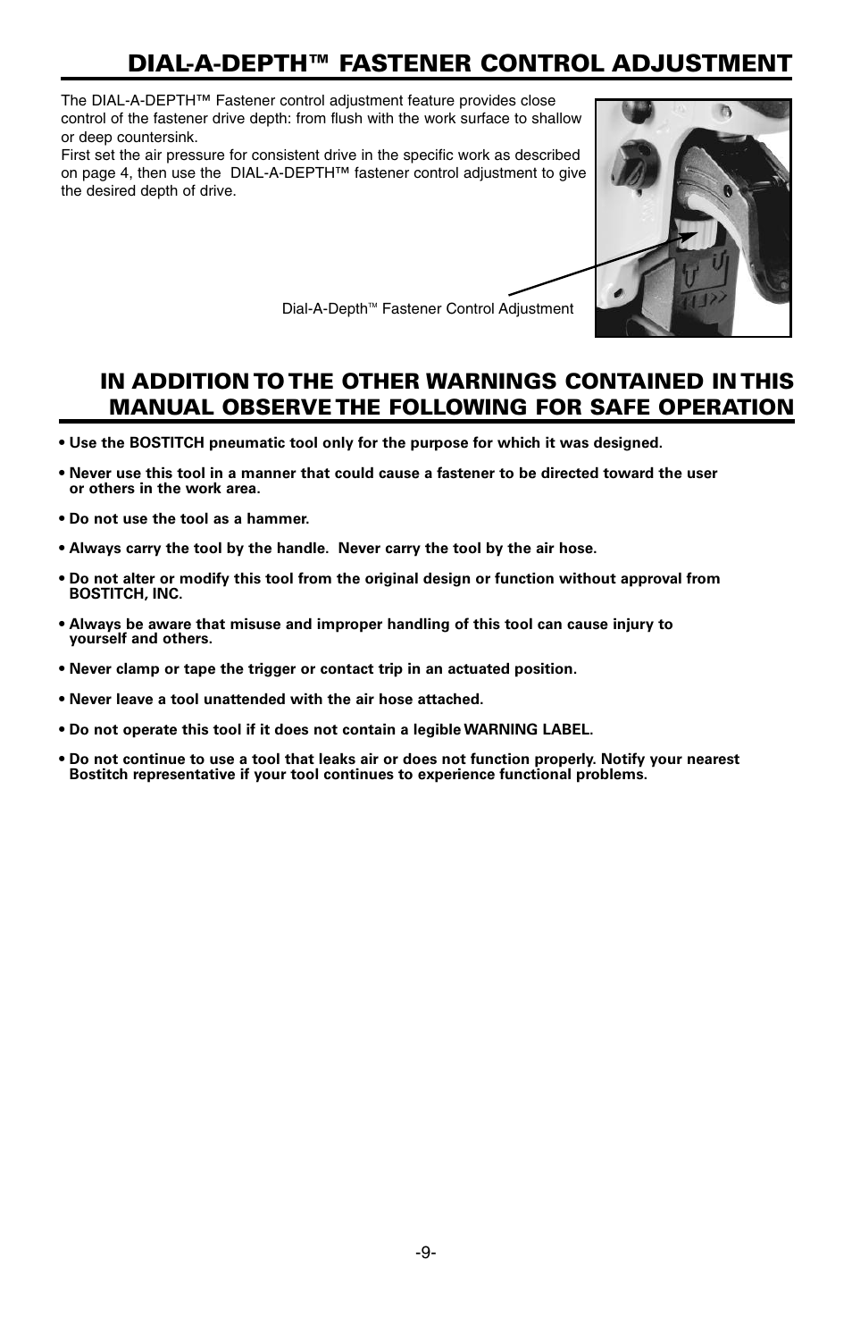 Dial-a-depth™ fastener control adjustment | Bostitch FN1664 User Manual | Page 9 / 50