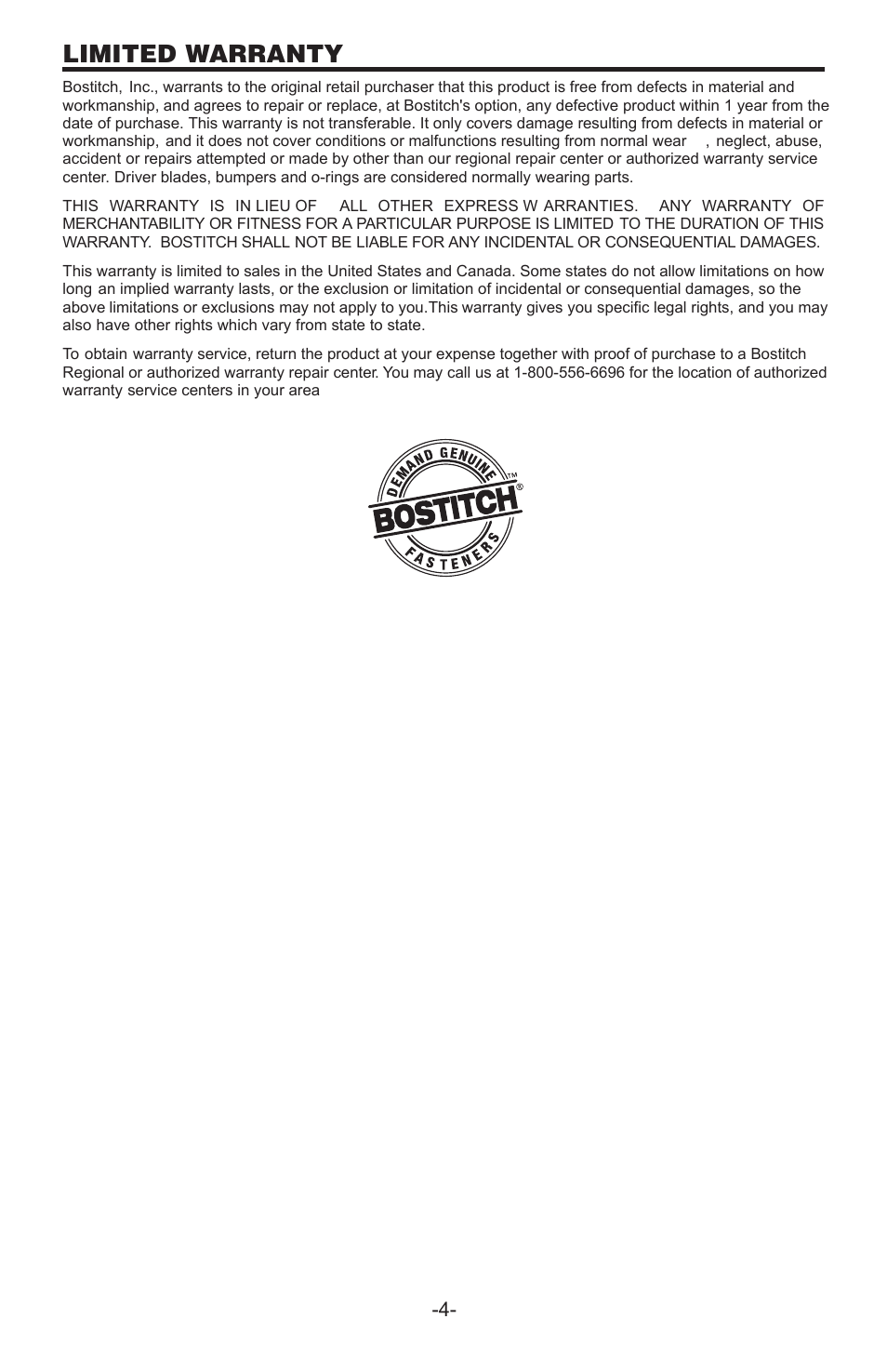 Limited warranty | Bostitch D61ADCSB User Manual | Page 4 / 10