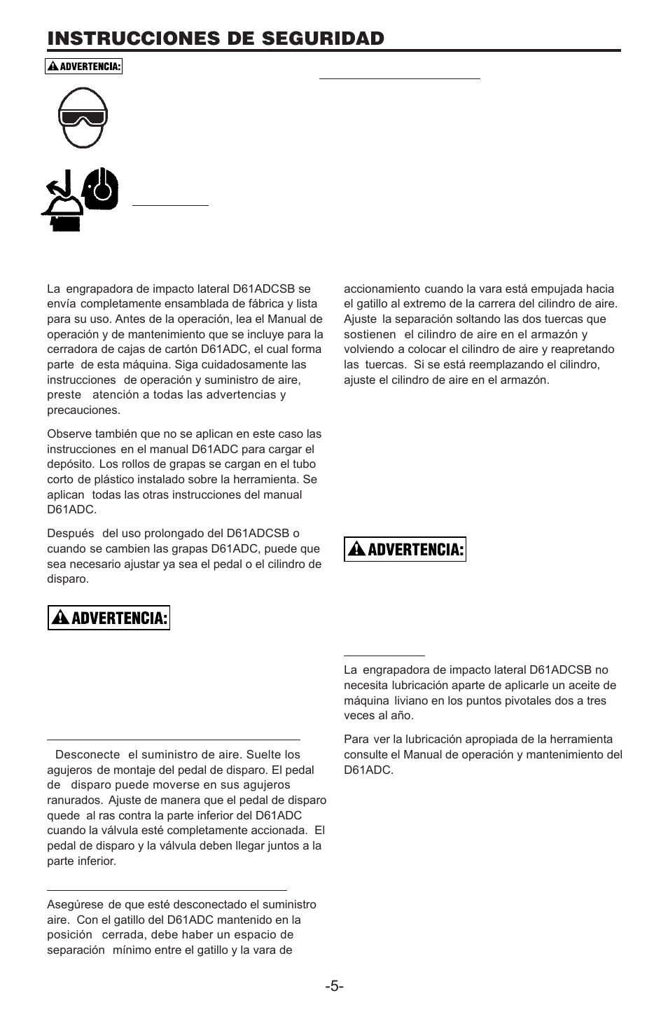 Instrucciones de seguridad, Para ajustar el pedal de disparo, Para ajustar el cilindro de aire | Bostitch D61ADCSB User Manual | Page 5 / 10