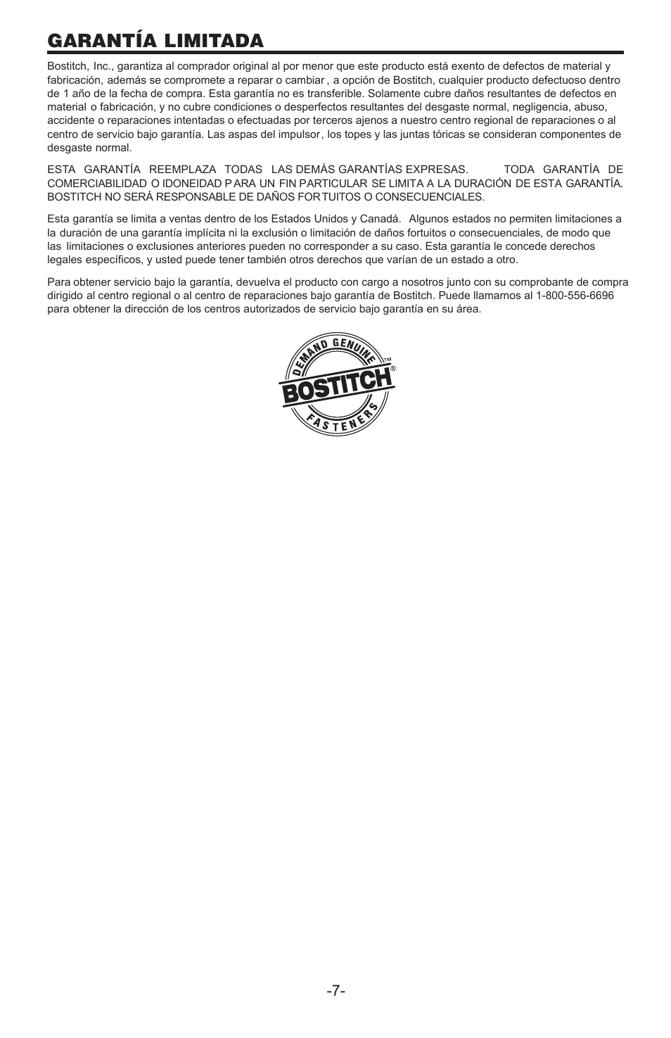 Garantía limitada | Bostitch D61ADCSB User Manual | Page 7 / 10