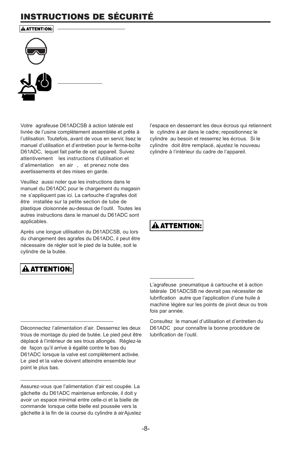 Instructions de sécurité, Réglage du pied de butée, Réglage du cylindre à air | Lubrification | Bostitch D61ADCSB User Manual | Page 8 / 10