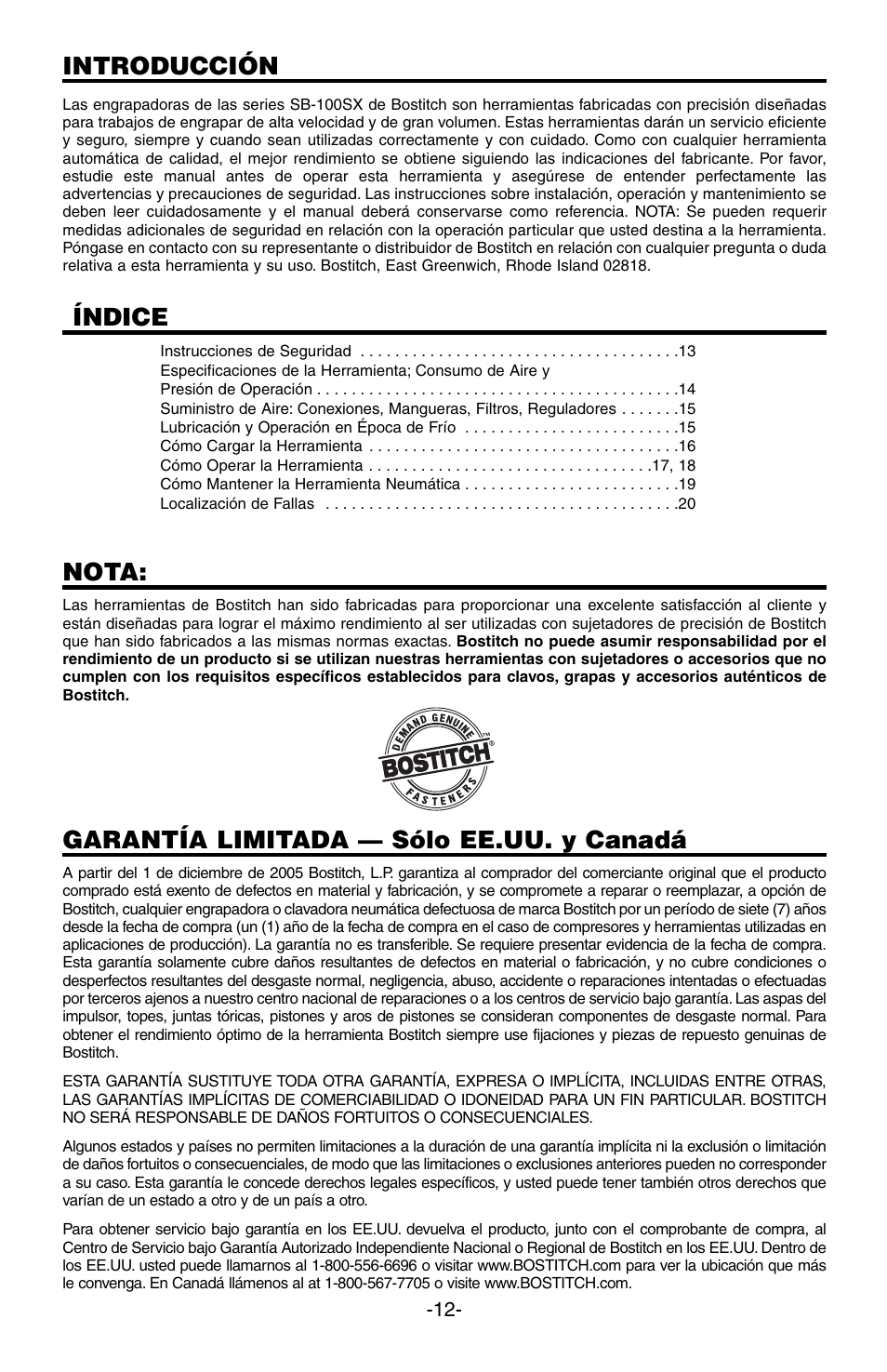 Introducción, Índice, Nota | Garantía limitada — sólo ee.uu. y canadá | Bostitch SB-100SX User Manual | Page 12 / 30
