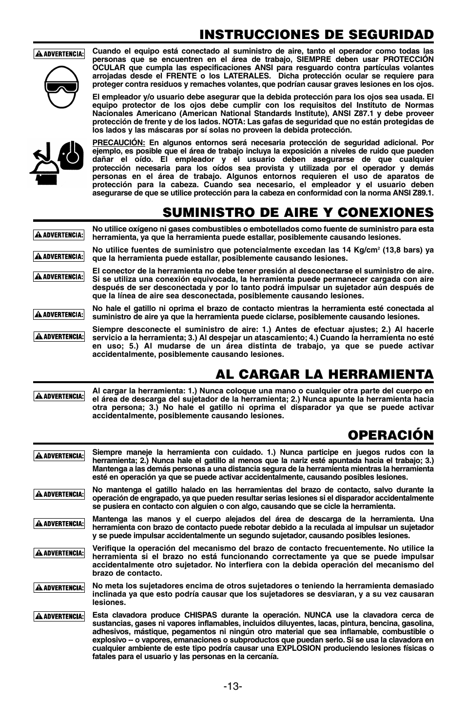 Instrucciones de seguridad, Suministro de aire y conexiones, Al cargar la herramienta | Operación | Bostitch SB-100SX User Manual | Page 13 / 30