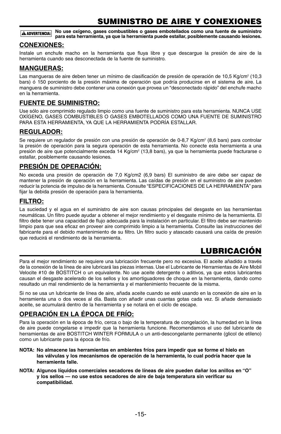 Suministro de aire y conexiones, Lubricación, Conexiones | Mangueras, Fuente de suministro, Regulador, Presión de operación, Filtro, Operación en la época de frío | Bostitch SB-100SX User Manual | Page 15 / 30