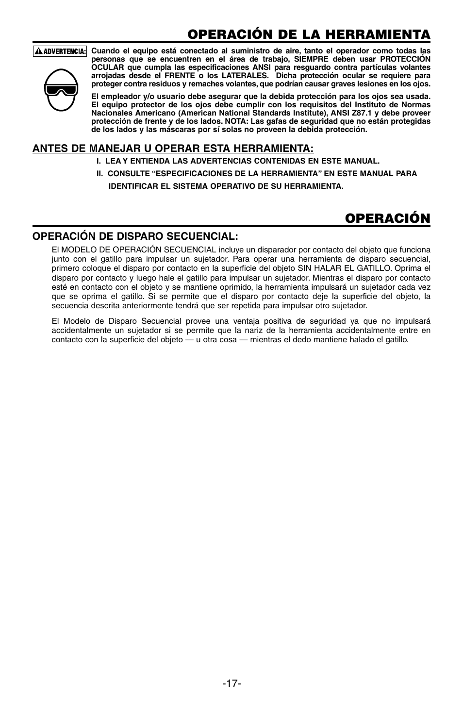 Operación de la herramienta, Operación | Bostitch SB-100SX User Manual | Page 17 / 30