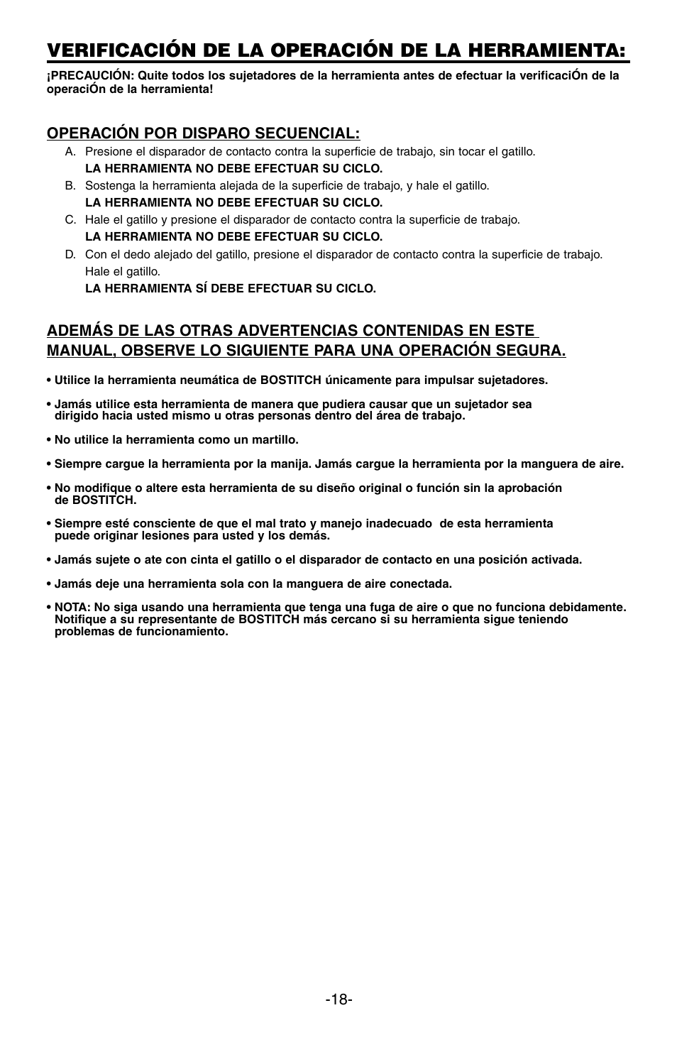 Verificación de la operación de la herramienta, Operación por disparo secuencial | Bostitch SB-100SX User Manual | Page 18 / 30