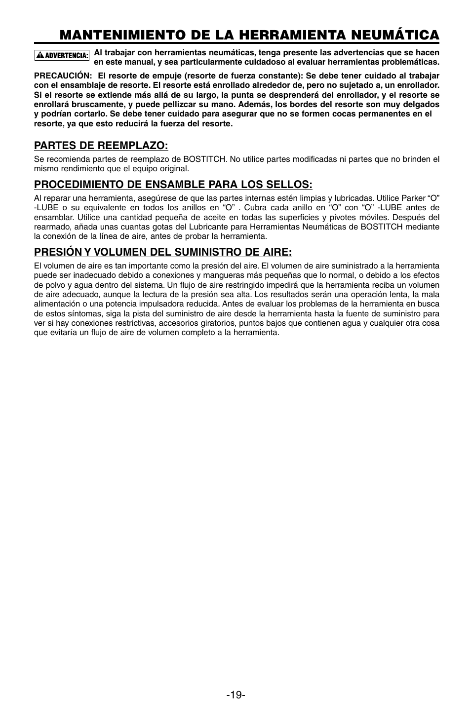 Mantenimiento de la herramienta neumática | Bostitch SB-100SX User Manual | Page 19 / 30