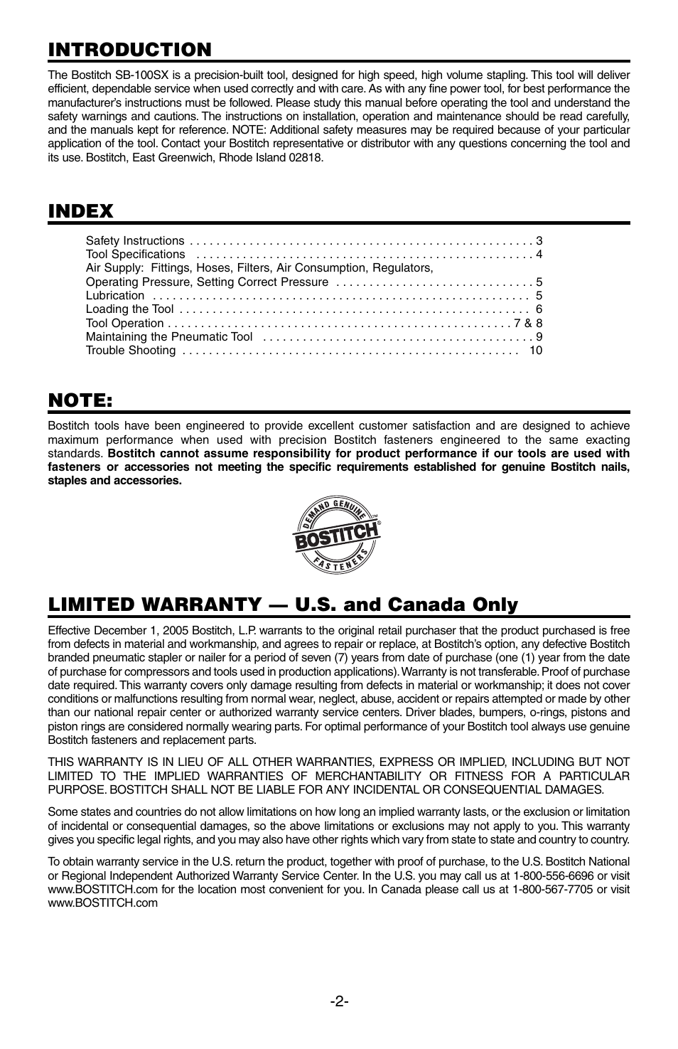 Introduction, Index, Limited warranty — u.s. and canada only | Bostitch SB-100SX User Manual | Page 2 / 30