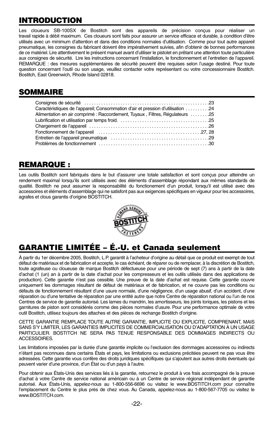 Introduction, Sommaire, Remarque | Garantie limitée – é.-u. et canada seulement | Bostitch SB-100SX User Manual | Page 22 / 30