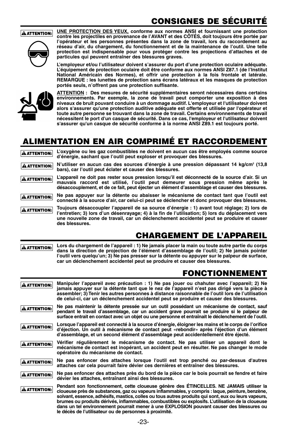Consignes de sécurité, Alimentation en air comprimé et raccordement, Chargement de l’appareil | Fonctionnement | Bostitch SB-100SX User Manual | Page 23 / 30