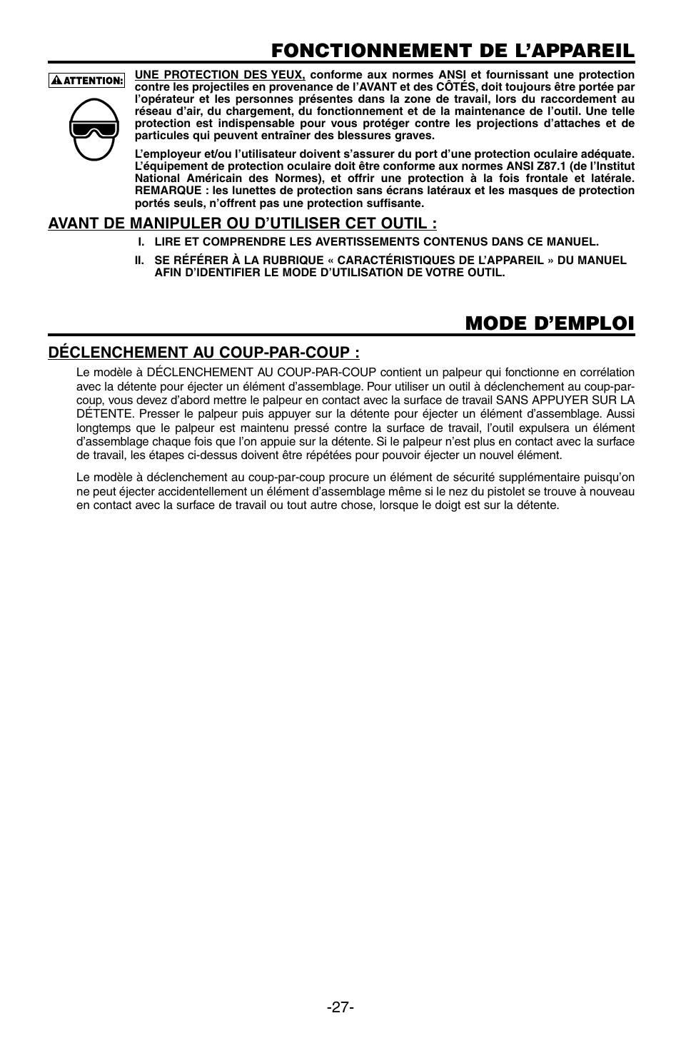 Fonctionnement de l’appareil, Mode d’emploi | Bostitch SB-100SX User Manual | Page 27 / 30