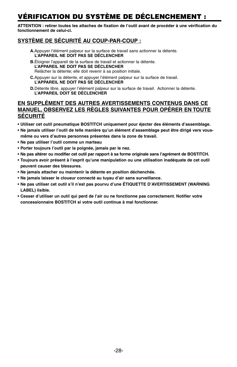 Vérification du système de déclenchement, Système de sécurité au coup-par-coup | Bostitch SB-100SX User Manual | Page 28 / 30