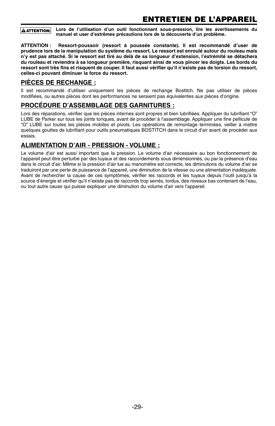 Entretien de l’appareil | Bostitch SB-100SX User Manual | Page 29 / 30