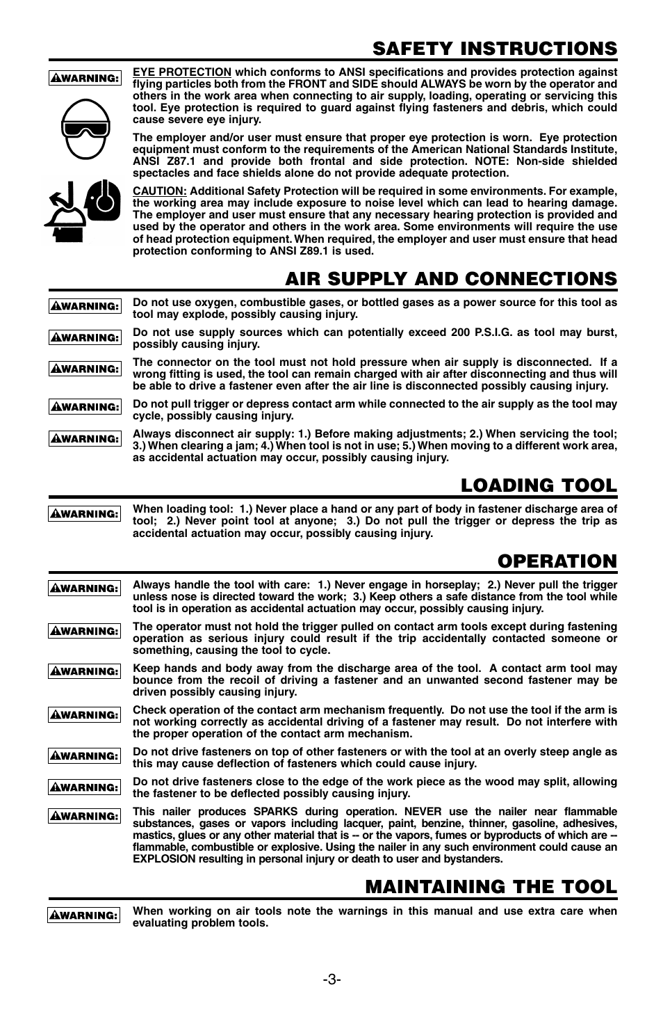 Safety instructions, Air supply and connections, Loading tool | Operation, Maintaining the tool | Bostitch SB-100SX User Manual | Page 3 / 30