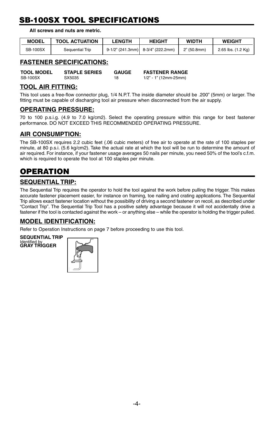 Sb-100sx tool specifications, Operation, Fastener specifications: tool air fitting | Operating pressure, Air consumption, Sequential trip, Model identification | Bostitch SB-100SX User Manual | Page 4 / 30