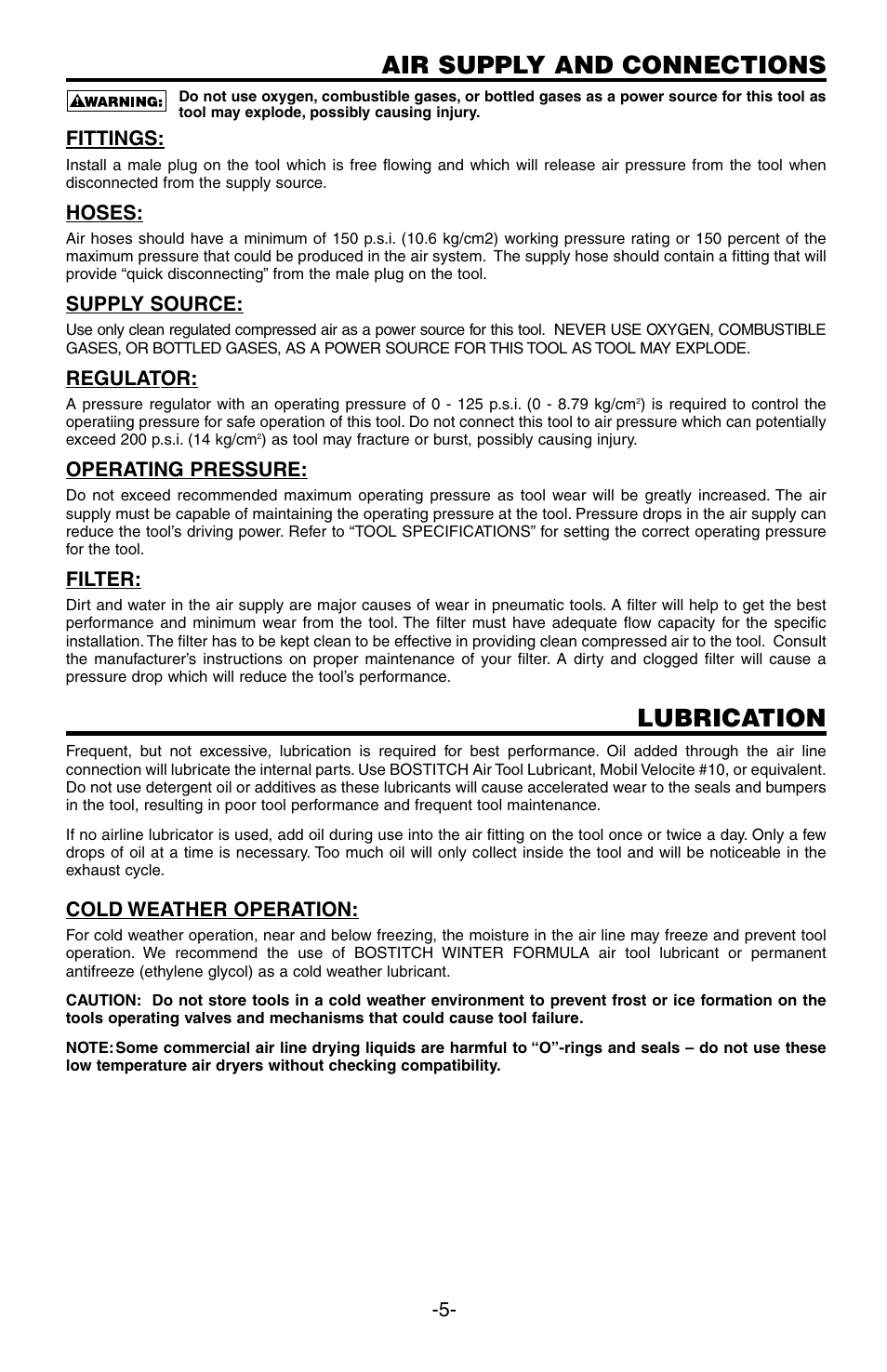 Air supply and connections, Lubrication | Bostitch SB-100SX User Manual | Page 5 / 30