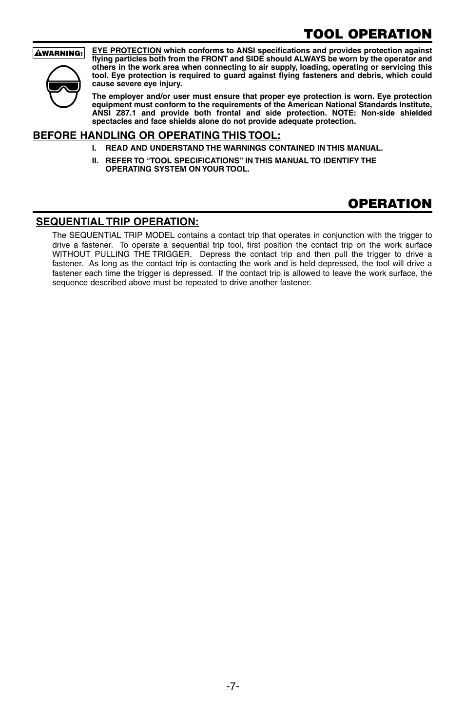 Tool operation, Operation | Bostitch SB-100SX User Manual | Page 7 / 30