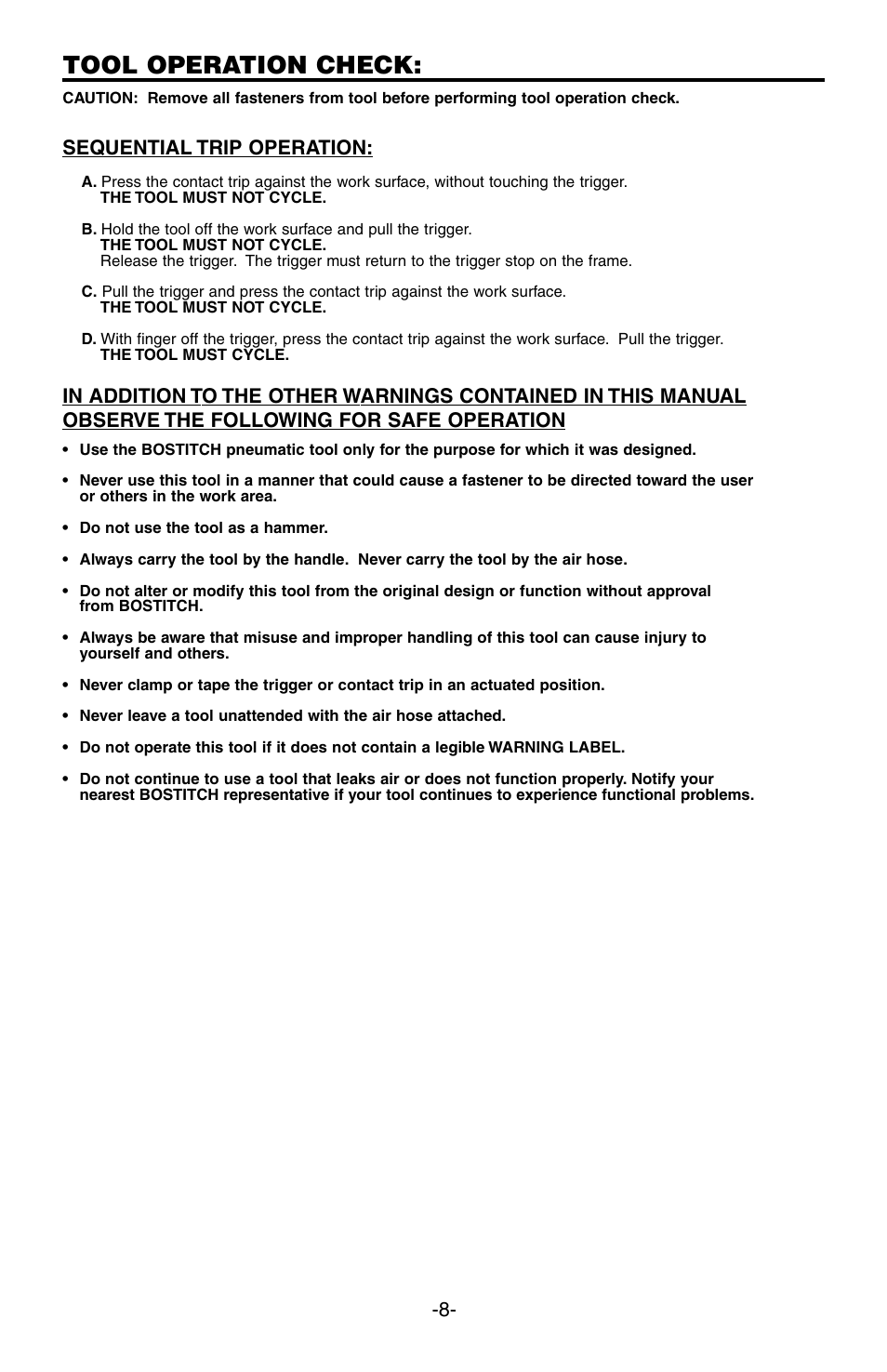 Tool operation check, Sequential trip operation | Bostitch SB-100SX User Manual | Page 8 / 30