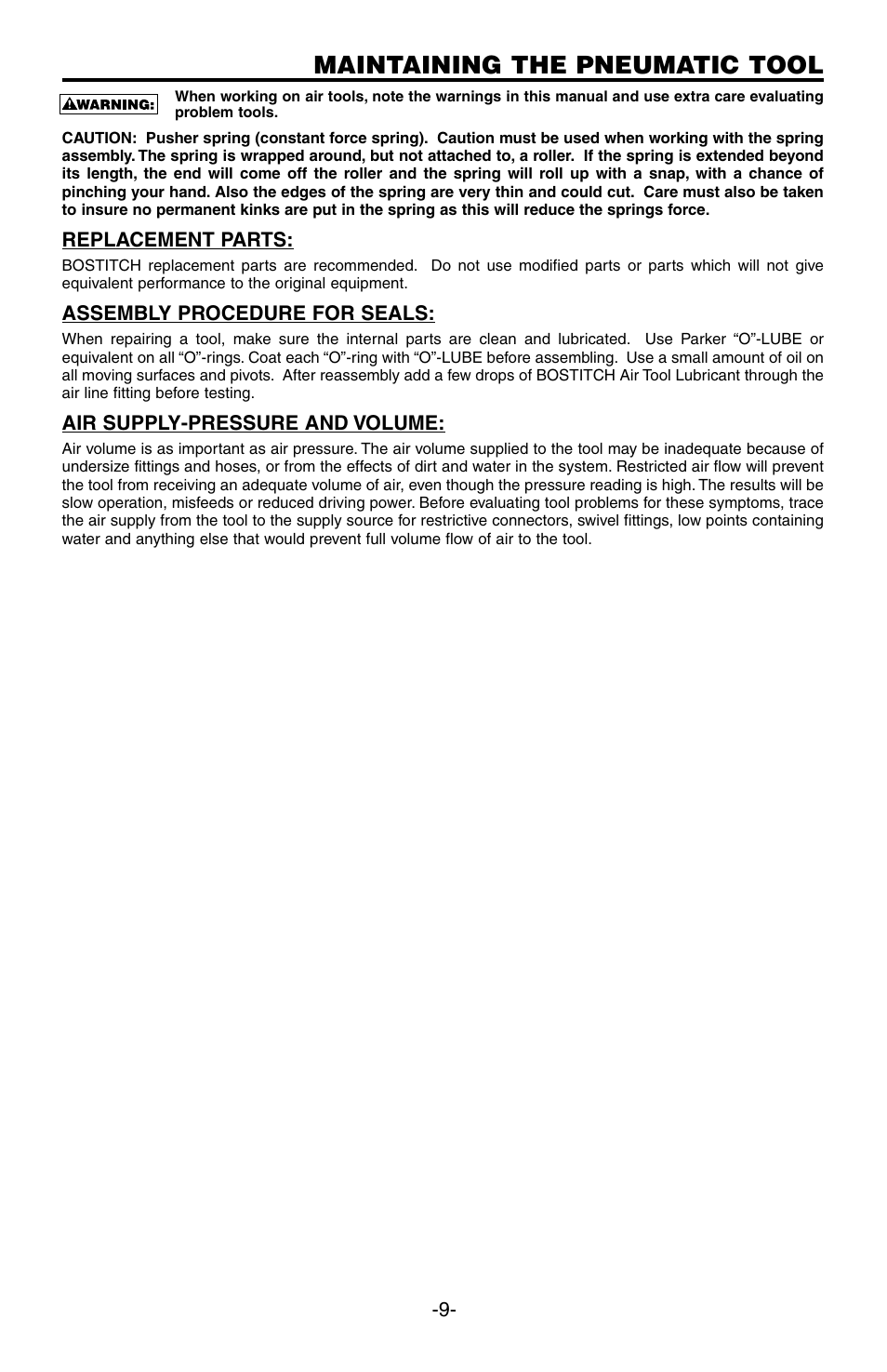 Maintaining the pneumatic tool | Bostitch SB-100SX User Manual | Page 9 / 30