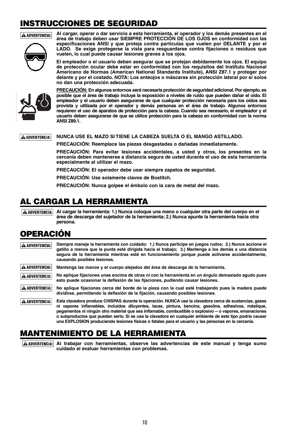 Instrucciones de seguridad, Al cargar la herramienta, Operación | Mantenimiento de la herramienta | Bostitch MFN-200 User Manual | Page 10 / 23