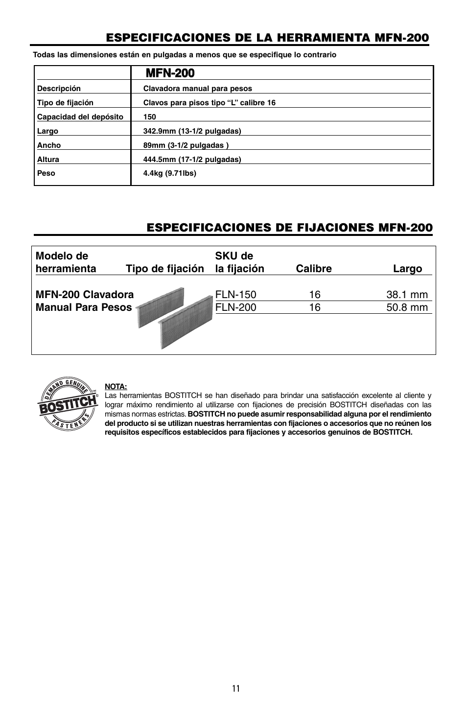 Especificaciones de fijaciones mfn-200, Especificaciones de la herramienta mfn-200 | Bostitch MFN-200 User Manual | Page 11 / 23