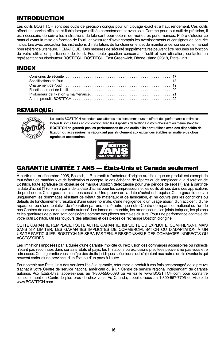 Introduction, Index, Remarque | Bostitch MFN-200 User Manual | Page 16 / 23