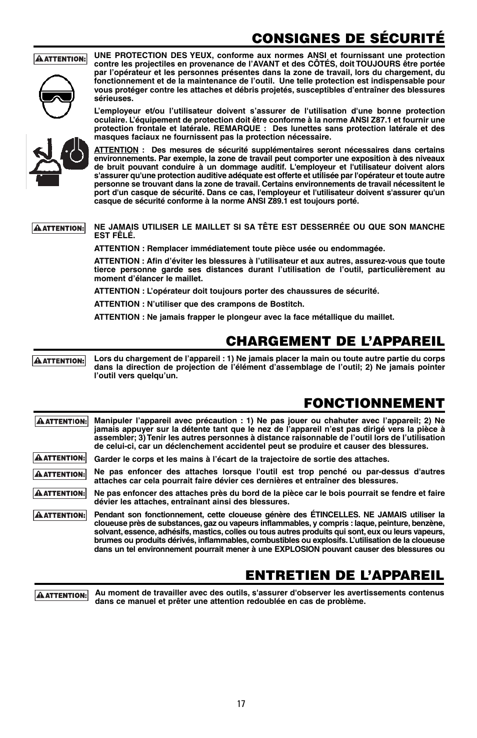 Consignes de sécurité, Chargement de l’appareil, Fonctionnement | Entretien de l’appareil | Bostitch MFN-200 User Manual | Page 17 / 23