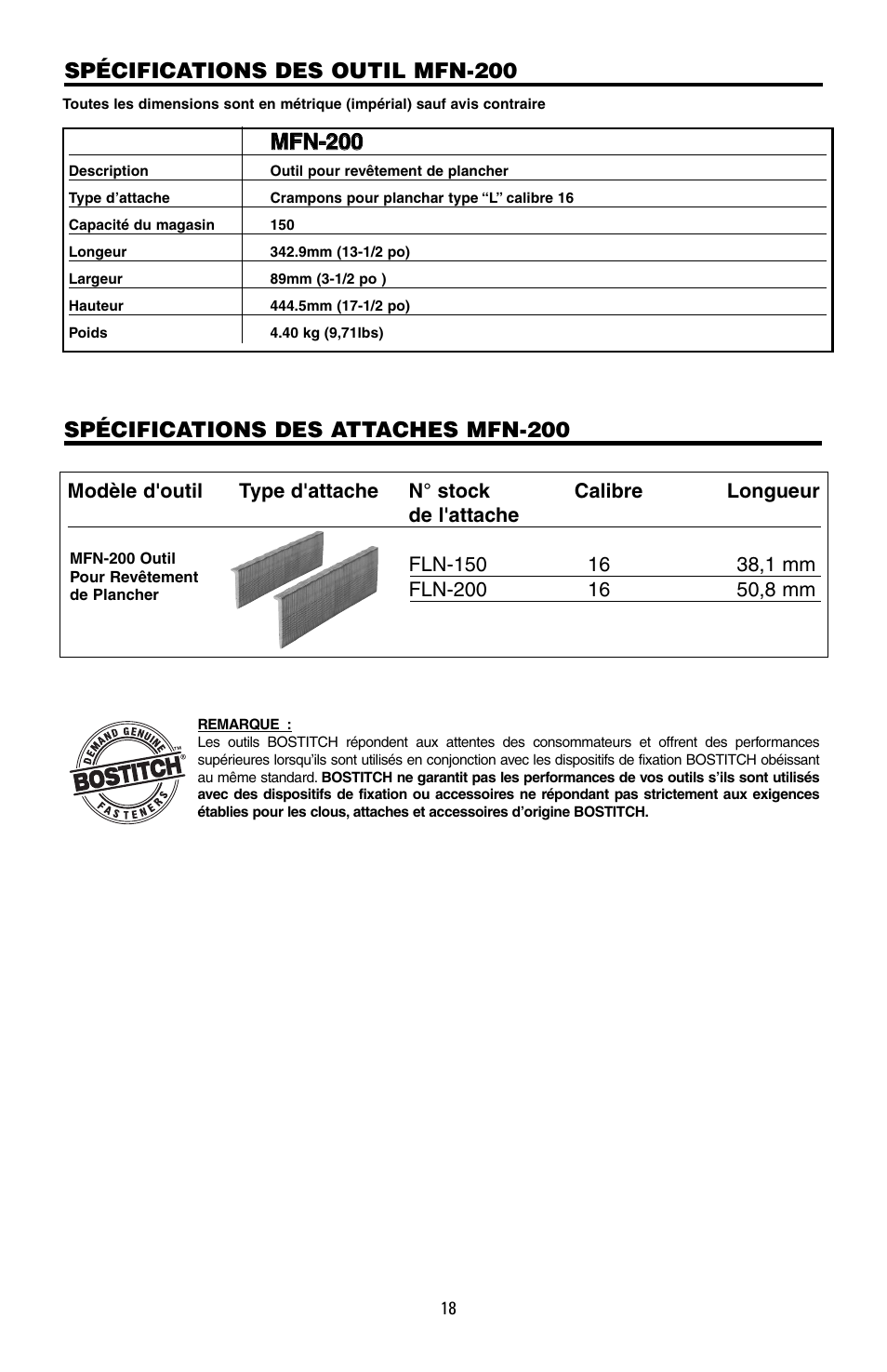 Spécifications des attaches mfn-200, Spécifications des outil mfn-200 | Bostitch MFN-200 User Manual | Page 18 / 23