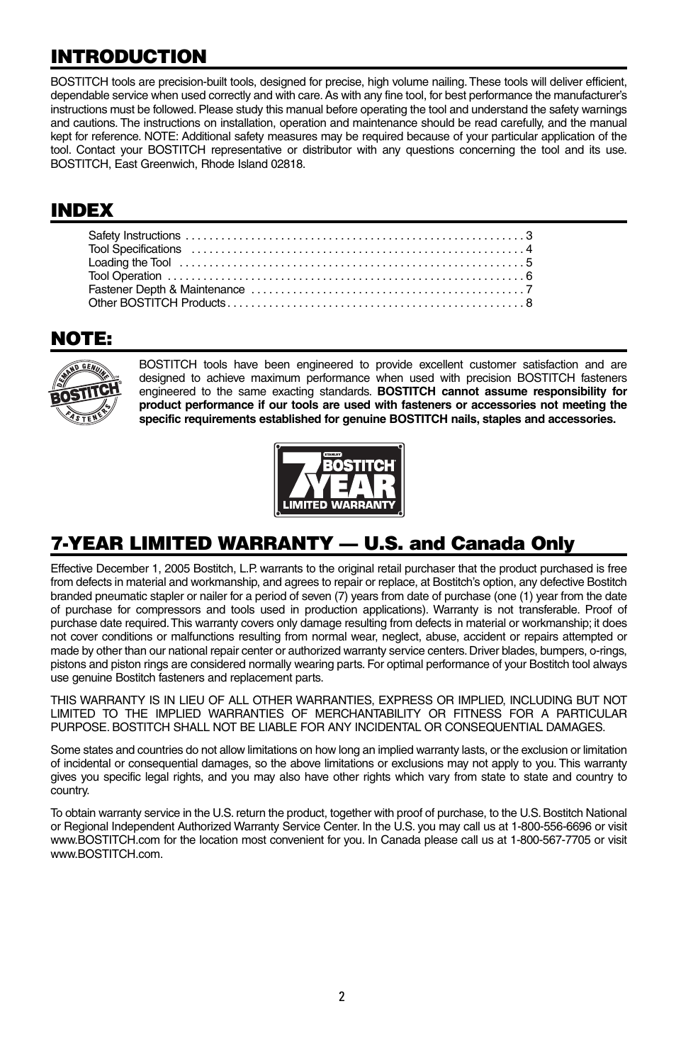 Introduction, Index, Year limited warranty — u.s. and canada only | Bostitch MFN-200 User Manual | Page 2 / 23