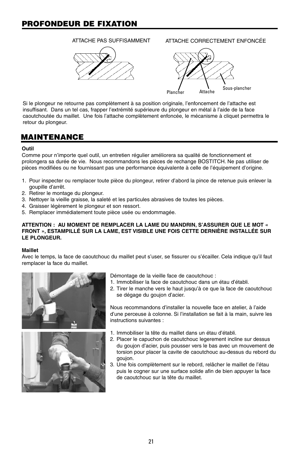 Maintenance profondeur de fixation | Bostitch MFN-200 User Manual | Page 21 / 23