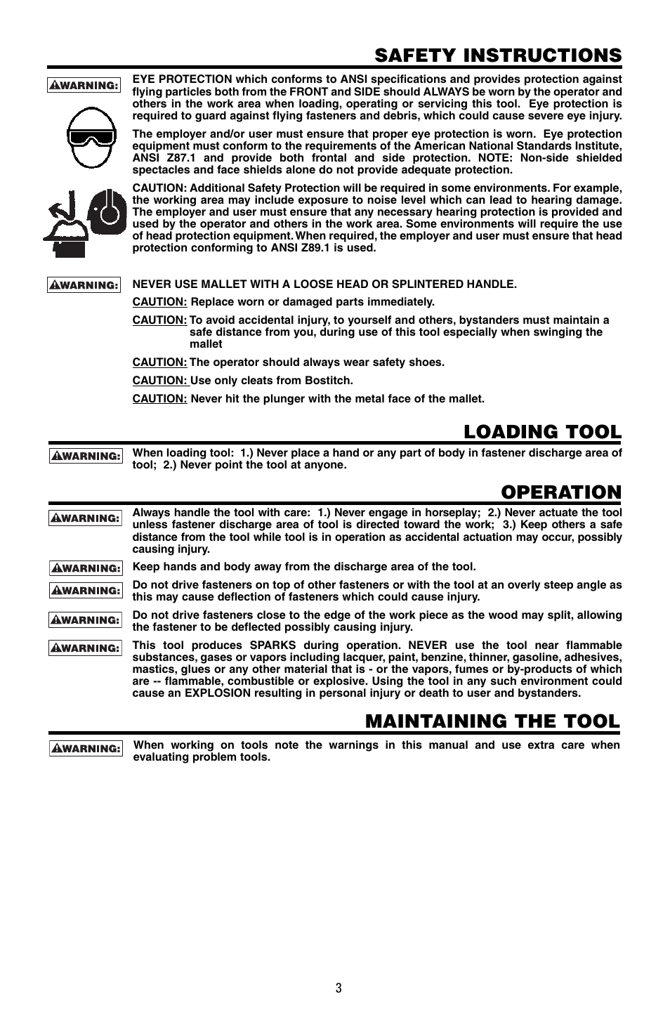Safety instructions, Loading tool, Operation | Maintaining the tool | Bostitch MFN-200 User Manual | Page 3 / 23