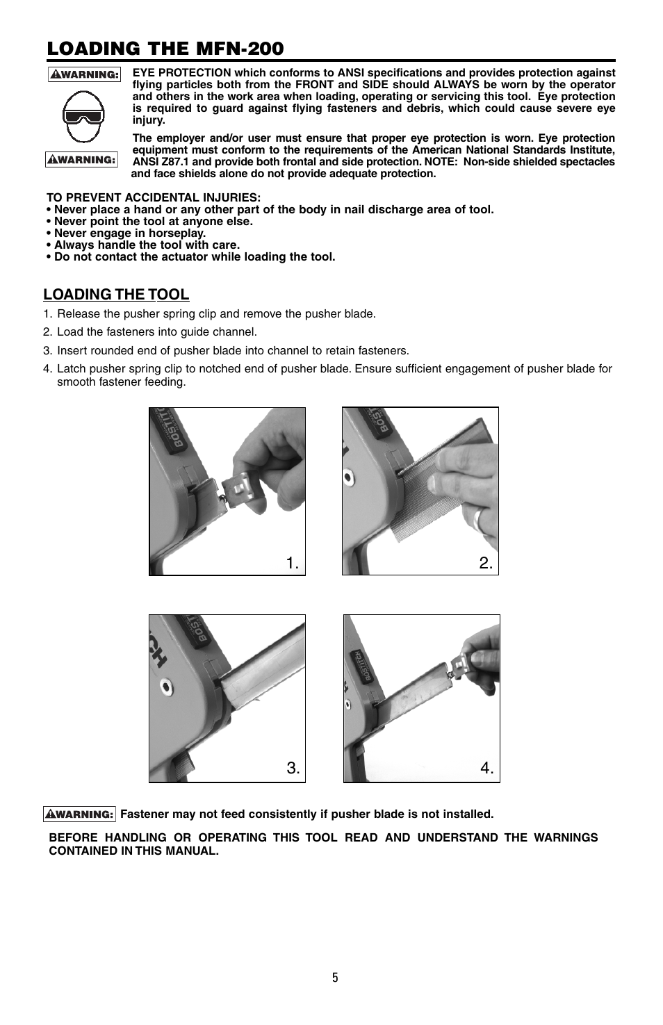 Loading the mfn-200 | Bostitch MFN-200 User Manual | Page 5 / 23