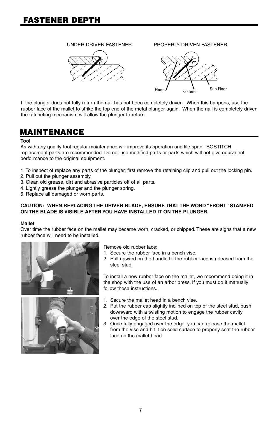 Maintenance fastener depth | Bostitch MFN-200 User Manual | Page 7 / 23