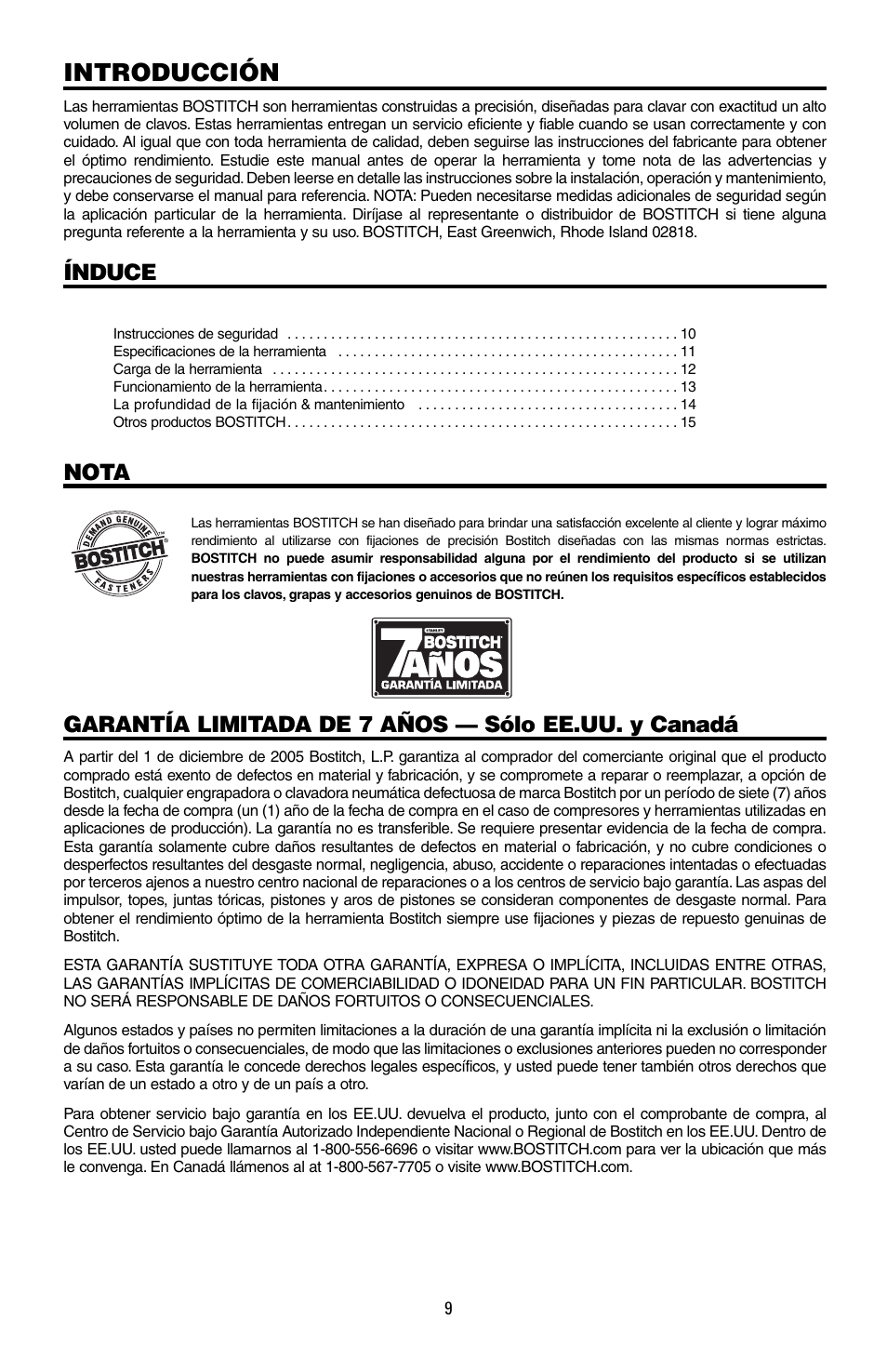 Introducción, Índuce, Nota | Garantía limitada de 7 años — sólo ee.uu. y canadá | Bostitch MFN-200 User Manual | Page 9 / 23