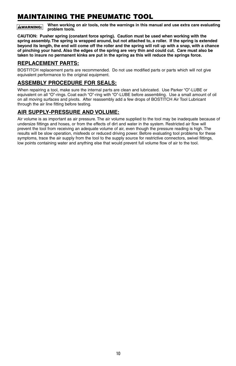 Maintaining the pneumatic tool | Bostitch N400S User Manual | Page 10 / 32