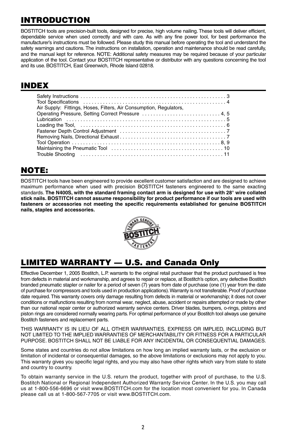 Introduction, Index, Limited warranty — u.s. and canada only | Bostitch N400S User Manual | Page 2 / 32