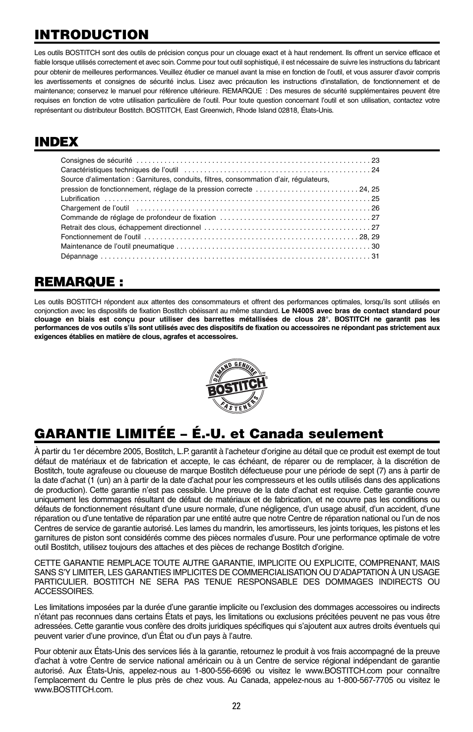 Introduction, Index, Remarque | Garantie limitée – é.-u. et canada seulement | Bostitch N400S User Manual | Page 22 / 32