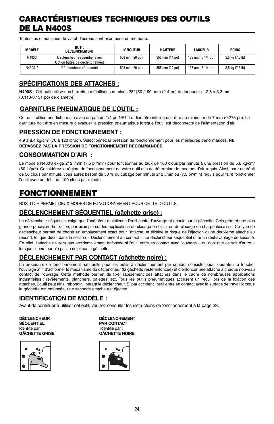 Caractéristiques techniques des outils de la n400s, Fonctionnement, Spécifications des attaches | Garniture pneumatique de l’outil, Pression de fonctionnement, Consommation d’air, Déclenchement séquentiel (gâchette grise), Déclenchement par contact (gâchette noire), Identification de modèle | Bostitch N400S User Manual | Page 24 / 32