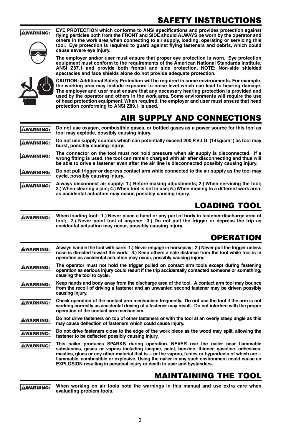 Safety instructions, Air supply and connections, Loading tool | Operation, Maintaining the tool | Bostitch N400S User Manual | Page 3 / 32