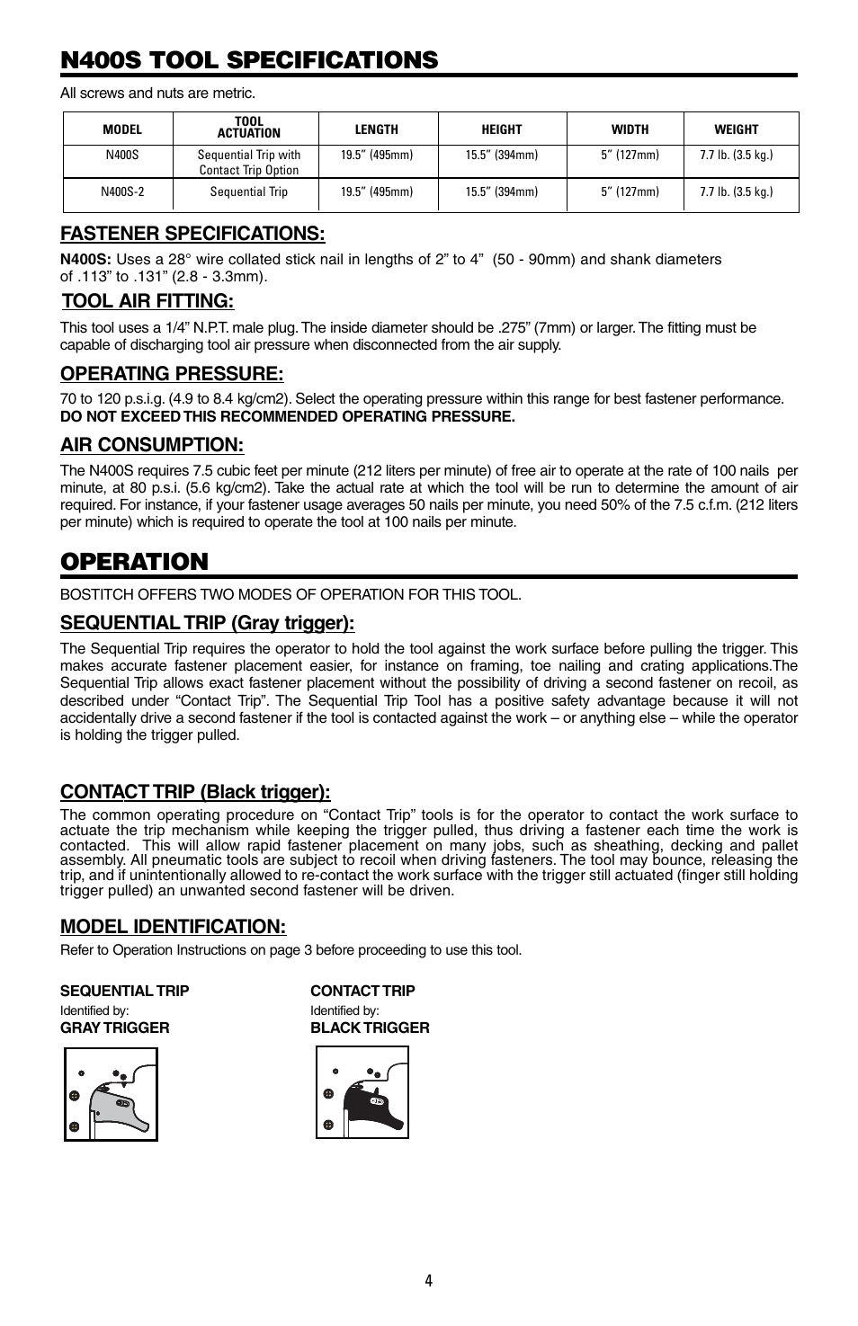 N400s tool specifications, Operation, Fastener specifications | Tool air fitting, Operating pressure, Air consumption, Sequential trip (gray trigger), Contact trip (black trigger), Model identification | Bostitch N400S User Manual | Page 4 / 32