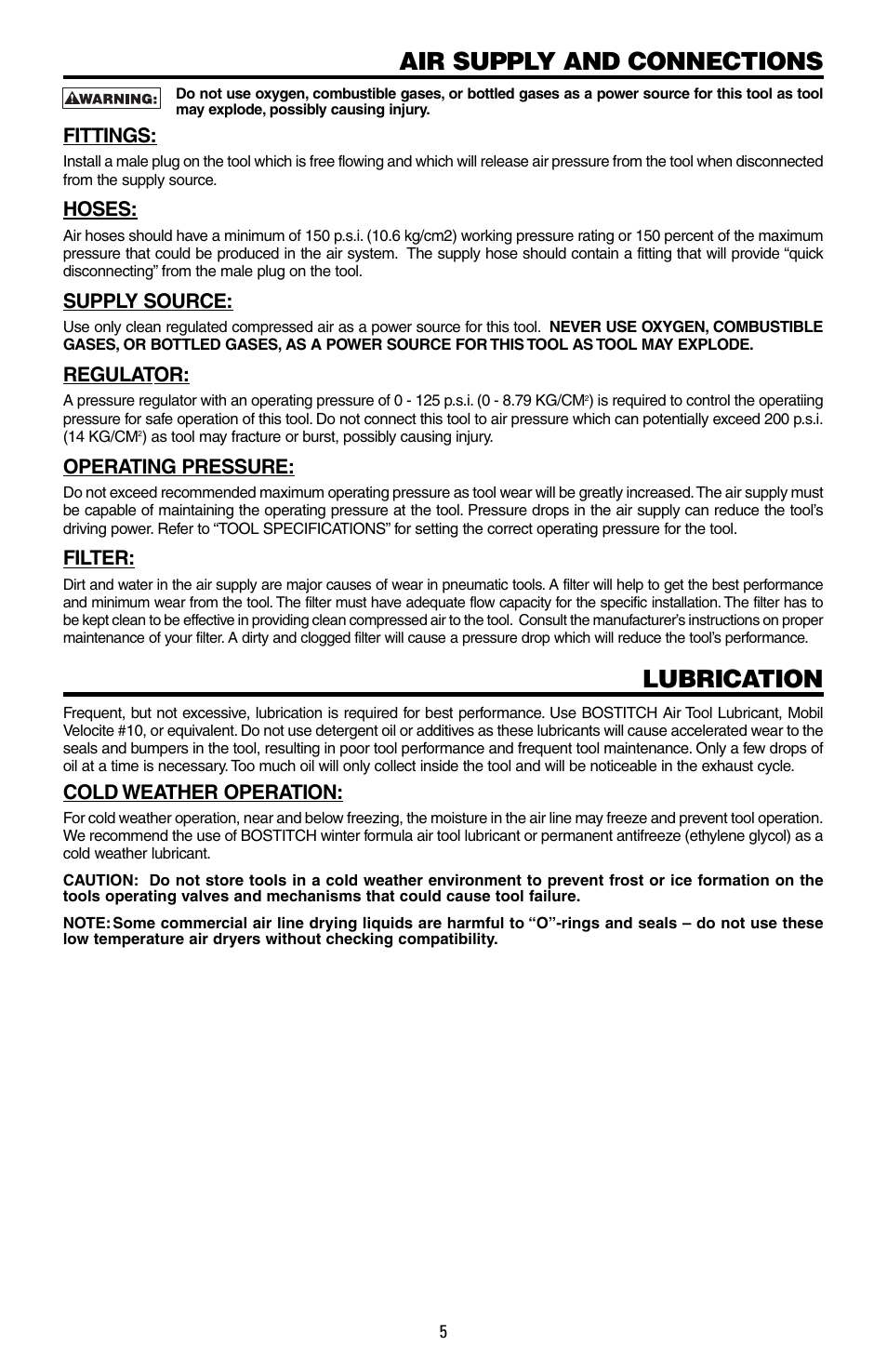 Air supply and connections, Lubrication | Bostitch N400S User Manual | Page 5 / 32