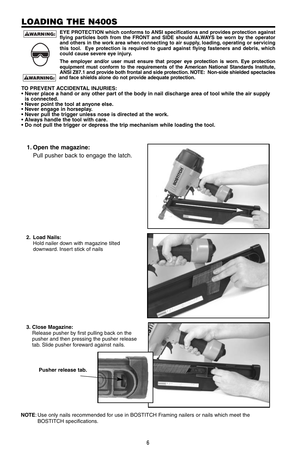 Loading the n400s | Bostitch N400S User Manual | Page 6 / 32