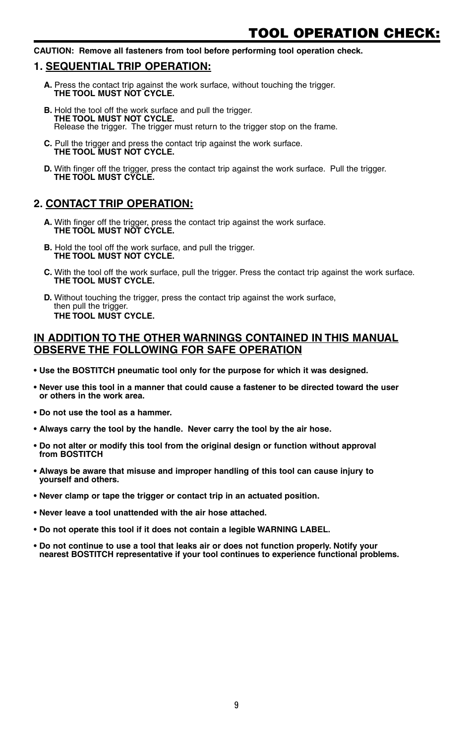 Tool operation check, Sequential trip operation, Contact trip operation | Bostitch N400S User Manual | Page 9 / 32