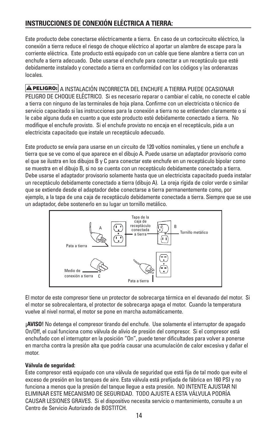 Instrucciones de conexión eléctrica a tierra | Bostitch CAP2000P-OF User Manual | Page 14 / 32