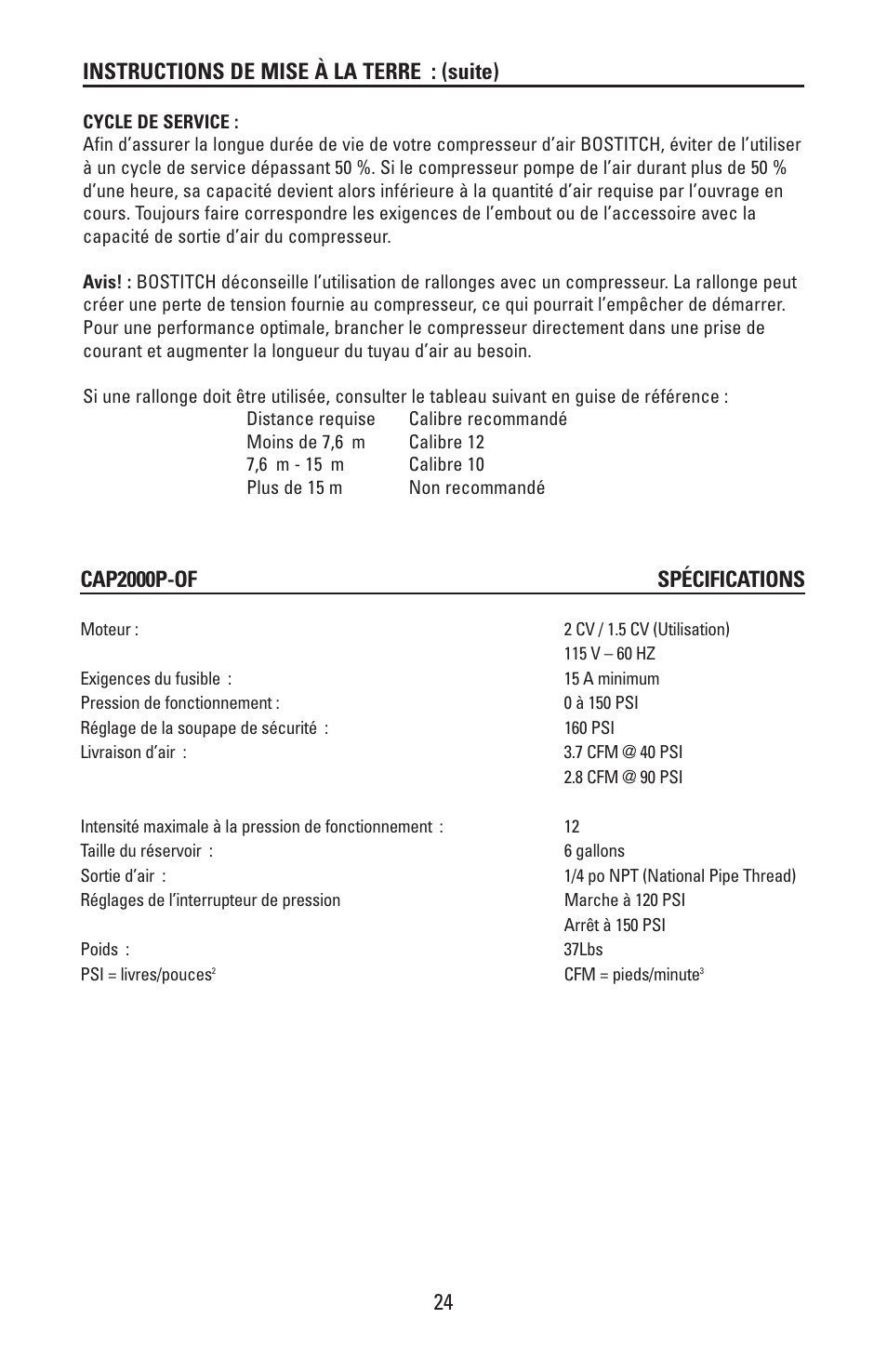 Instructions de mise à la terre : (suite) | Bostitch CAP2000P-OF User Manual | Page 24 / 32