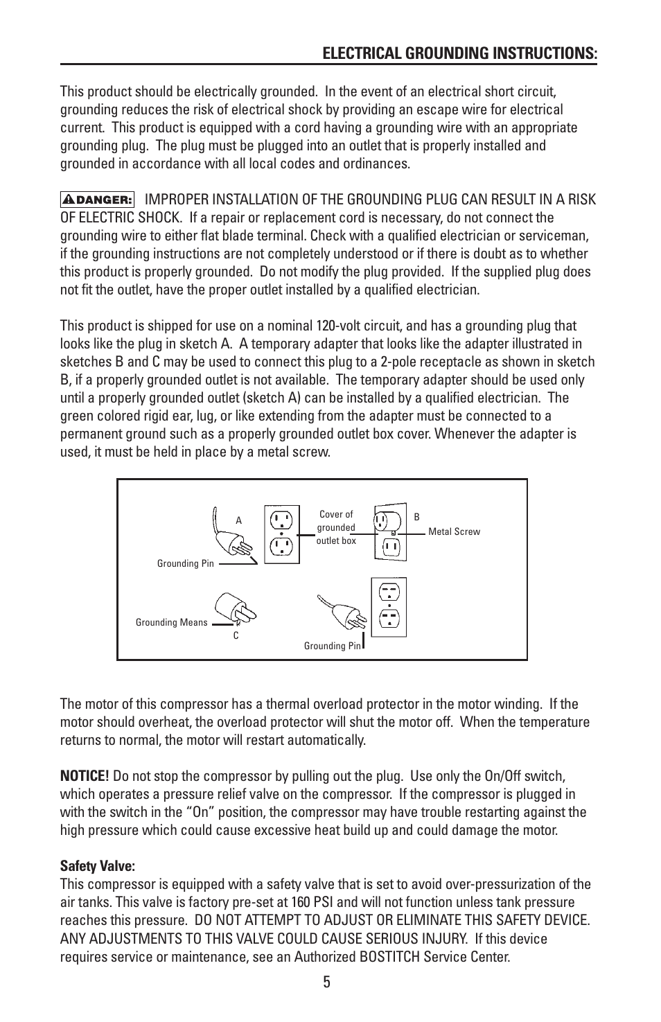 Electrical grounding instructions | Bostitch CAP2000P-OF User Manual | Page 5 / 32