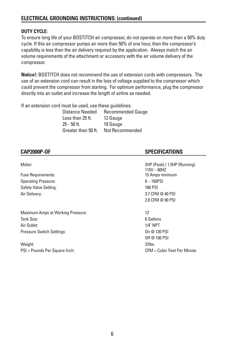 Electrical grounding instructions: (continued) | Bostitch CAP2000P-OF User Manual | Page 6 / 32