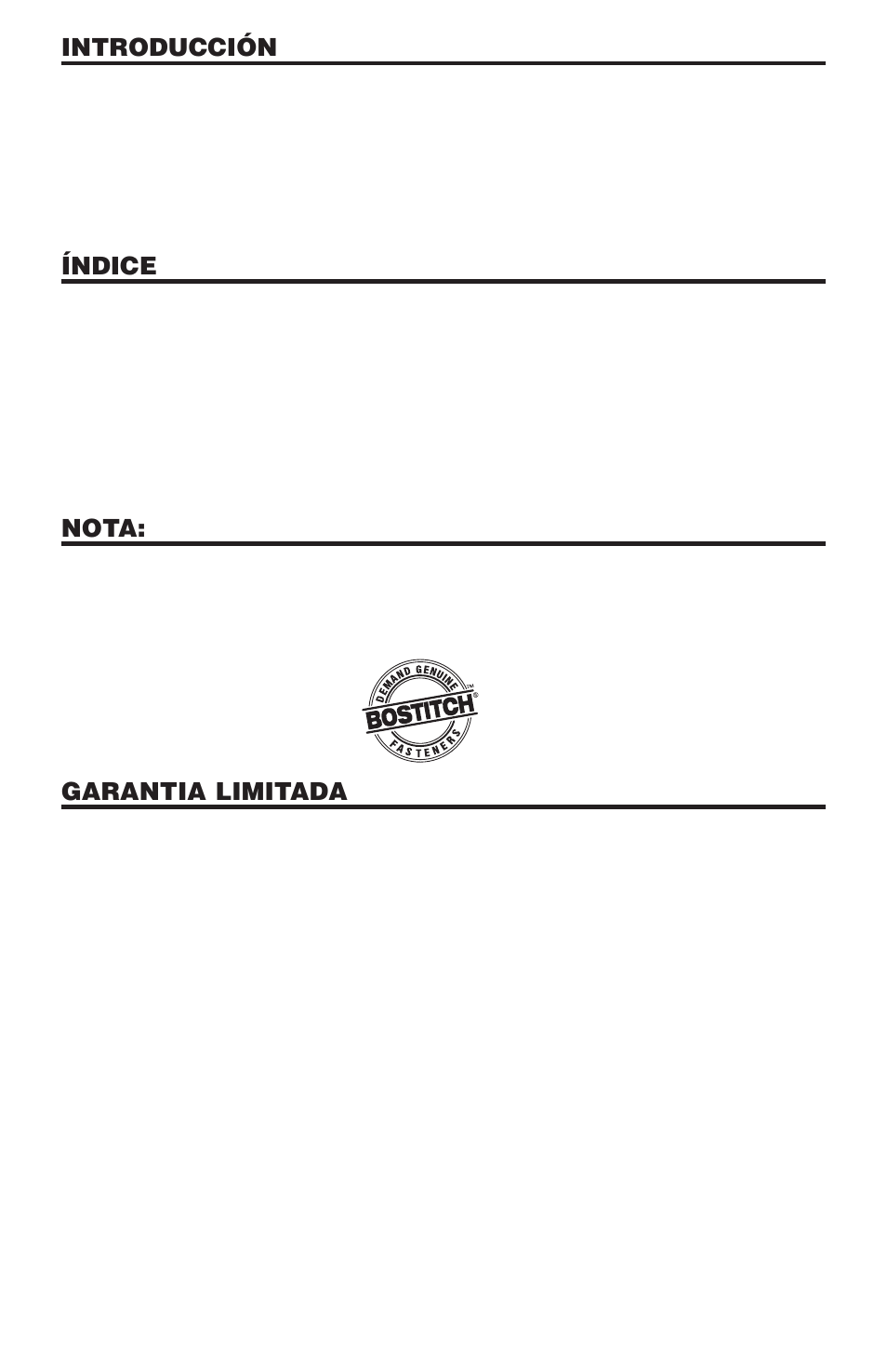 Introducción, Índice, Nota | Garantia limitada | Bostitch N58C User Manual | Page 12 / 32