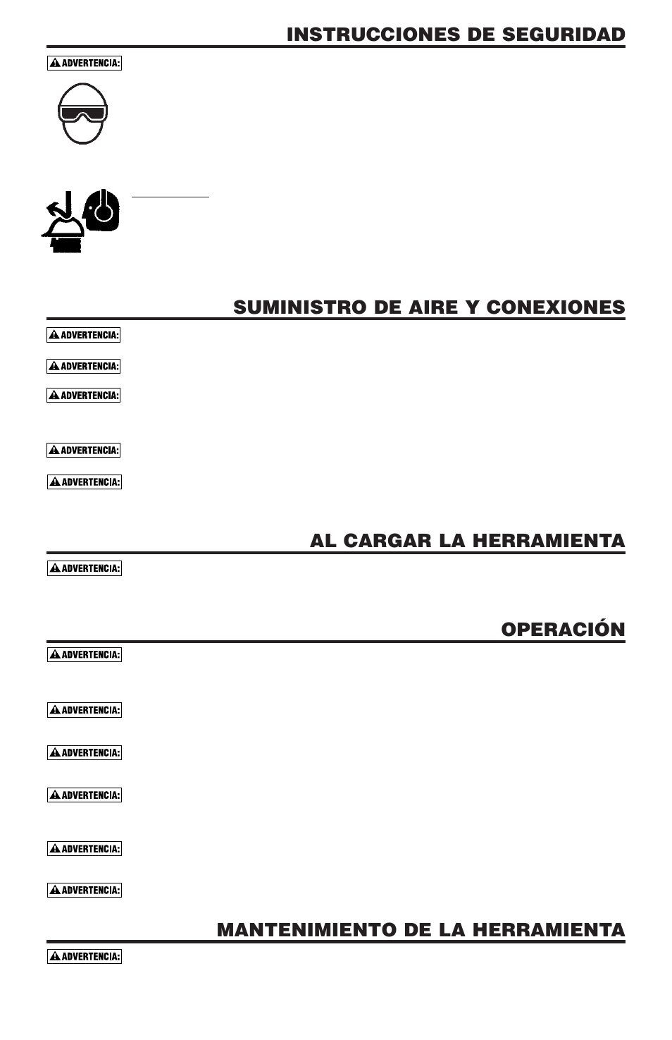 Instrucciones de seguridad, Suministro de aire y conexiones, Al cargar la herramienta | Operación, Mantenimiento de la herramienta | Bostitch N58C User Manual | Page 13 / 32