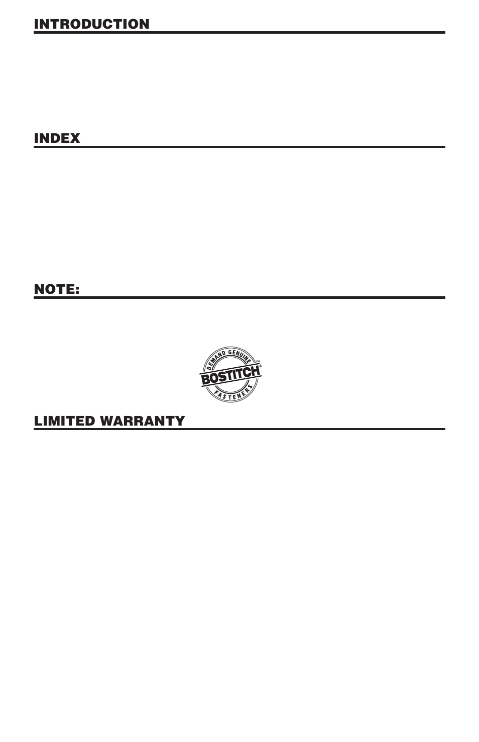 Introduction, Index, Limited warranty | Bostitch N58C User Manual | Page 2 / 32